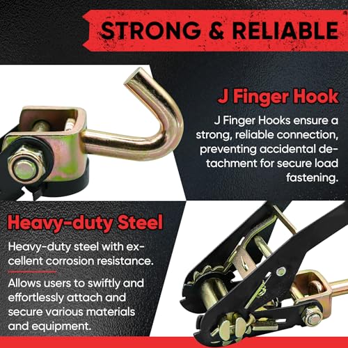Car Tie Down Straps, 4 Pack, 2" x 96", 9900 LBS, Heavy Duty J Finger Hooks - color: Red