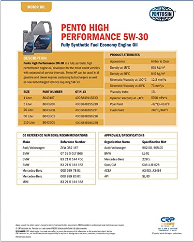 Pentosin 8043107 Pento High Performance 5W-30 Full Synthetic Fuel Economy Engine Oil; 1 Liter Bottle - style: 1058107-C