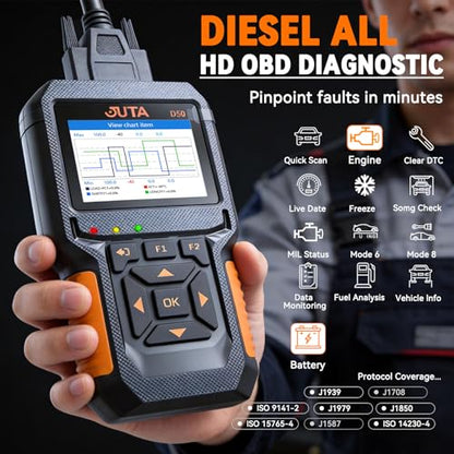 JUTA Heavy Duty Truck Scanner Diesel OBD2 Diagnostic Scan Tool, 2-in-1 Check Engine Code Reader for Car and Truck, Real-Time Data Stream, Battery Test