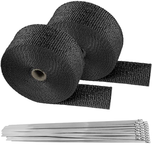 Deecam Exhaust Heat Wrap, 2 Roll 2'' x 50' Exhaust Header Wrap, Black Fireglass Heat Tape for Motorcycle Manifold Pipe Heat Shield with 24 Stainless Steel Ties - size: 30M