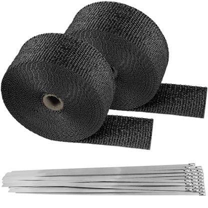 Deecam Exhaust Heat Wrap, 2 Roll 2'' x 50' Exhaust Header Wrap, Black Fireglass Heat Tape for Motorcycle Manifold Pipe Heat Shield with 24 Stainless Steel Ties - size: 30M