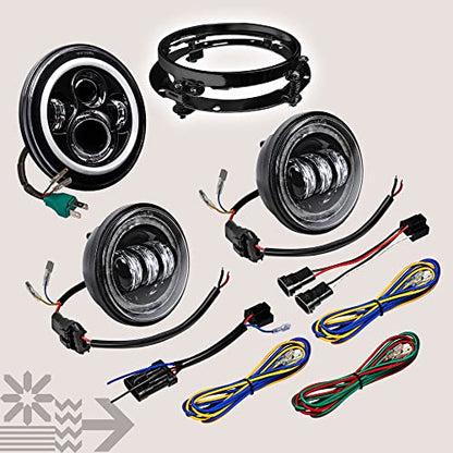 TRUE MODS 7 Inch Halo LED Headlight 4.5" Passing Light for Harley Davidson - color: Black, size: 3-Piece (Headlight + Bracket + Fogs)