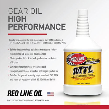 Red Line 50204 SAE 75W80 API GL-4 Manual Transmission and Transaxle Lubricant (MTL) Car Gear Oil - 1 Quart