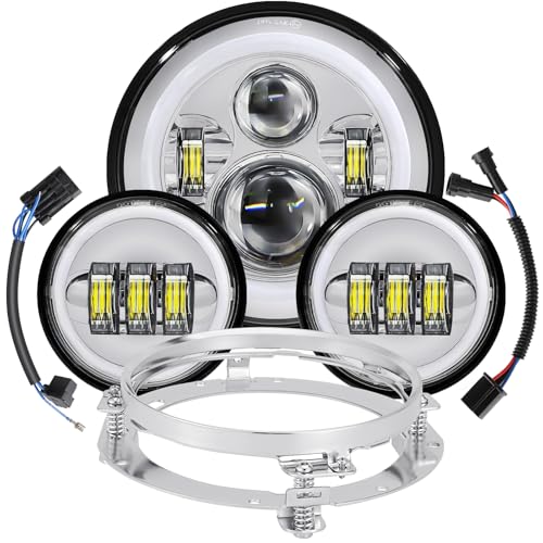 7 Inch Motorcycle LED Headlight 4.5" Fog Passing Light Assembly for Harley Touring Softail Deluxe Road King Street Glide Road Glide Ultra Limited Tri Tour Models DRL Halo Ring Angel Eye Chrome - color: Chrome