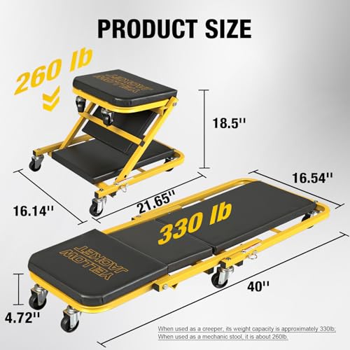 YELLOW JACKET Mechanic Creeper Stool, 40 Inches Extended 2-in-1 Foldable Z-Creeper Rolling Garage Seat with Wheels, Heavy Duty Steel Auto Repair Garage Stool for Shop, 330 LBS Capacity - size: 40 inch