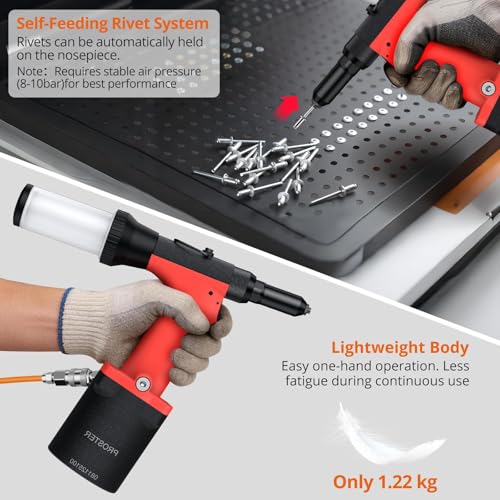 Proster Self-Suction Pneumatic Rivet Gun - Automatic Rivet Loading with 4 Nosepieces (3/32", 1/8", 5/32", 3/16"), 360° Swivel Air Hose Fitting for Automotive Marine Metal Fabrication - size: 4 Nozzles