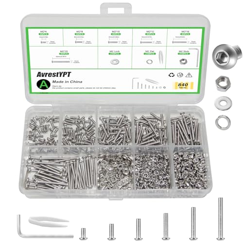 840PCS Metric Bolt and Nut Assortment Kit - M2 Machine Screws with Lock & Flat Washers, 304 Stainless Steel Hex Socket Button Head Silver Screw Set for Hardware, 3D Printer, and DIY Projects - color: Silver Size: 840Pcs