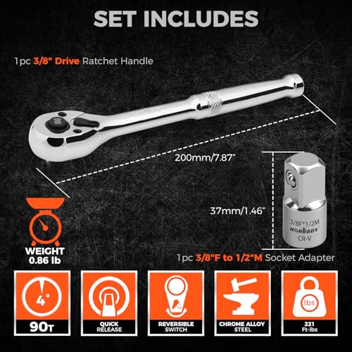 HORUSDY 3/8" Drive 90T Quick-Release Ratchet Handle, Reversible, Chrome Alloy Made, Full Polished, Includes 3/8" to 1/2" Socket Adapter, Ideal for Auto Repair, Home & Industrial Use - color: 3/8" Drive 90t Silver