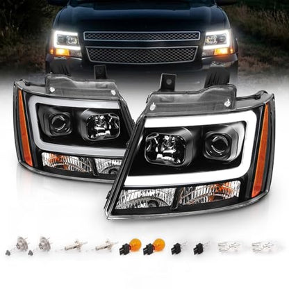 AmeriLite for 2007-2013 Chevy Avalanche Suburban Tahoe Super Bright LED Bar Projector Halogen Black Headlights Pair - Passenger and Driver Side - color: Black LED Bar