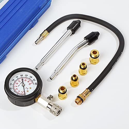 8PCS Compression Tester Kit Professional Petrol Gas Engine Cylinder Pressure Gauge 0-300 PSI Automotive Tool for Motorcycle Car Truck (Blue) - color: Blue