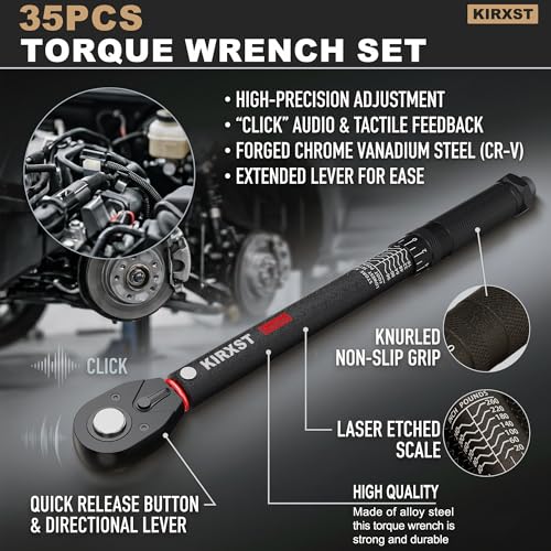 35PCS 1/4" 3/8" 1/2" Drive Click Torque Wrench, 72 Teeth Dual-Direction Adjustable, ±3% Accuracy Click Torque Wrench Set for Car, Motorcycle Maintenance - size: 35pcs