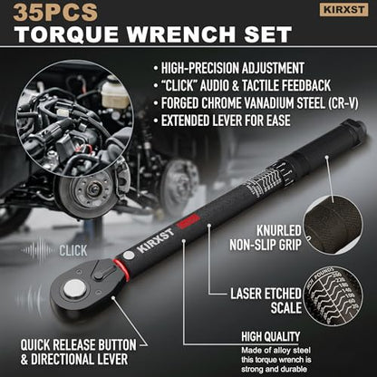 35PCS 1/4" 3/8" 1/2" Drive Click Torque Wrench, 72 Teeth Dual-Direction Adjustable, ±3% Accuracy Click Torque Wrench Set for Car, Motorcycle Maintenance - size: 35pcs