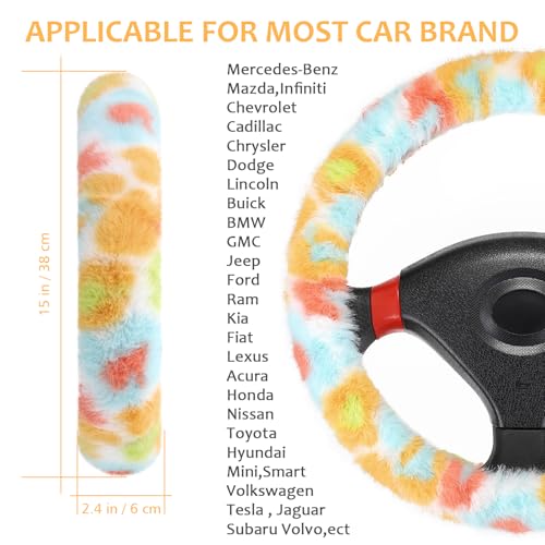 Accmor Fuzzy Car Steering Wheel Cover, Universal Fluffy Auto Wheel Cover & Handbrake Cover & Gear Shift Cover Set, Soft Warm Steering Wheel Protector Car Accessories for Men Women Girls, Colorful - color: Colorful/Colorful Leopard