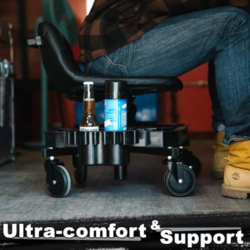 Rolling Stool with Wheels, Adjustable Height Pneumatic Garage Work Mechanic Stool Seat with Backrest, 400 LBS Capacity 360° Swivel Mechanic Crepper Chair with Tool Tray Storage, Gray - color: Carbon Fiber Gray