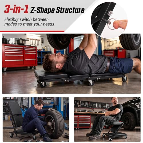 IRONMAX 36" 3-in-1 Folding Z Mechanic Creeper with 6 Swivel Wheels, Black - color: Black, size: 36"