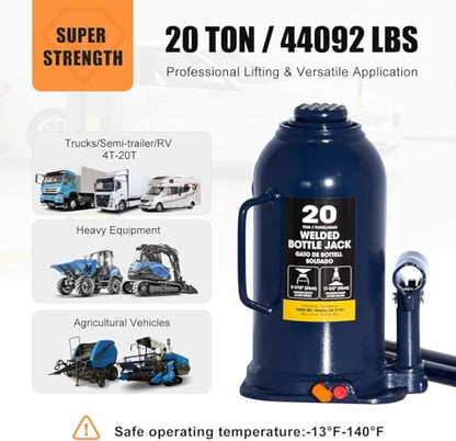 20 Ton Hydraulic Bottle Jack, 40,000 LBS Heavy Duty Welded Steel Auto Lift Jack with Adjustable Height, Overload Protection, Leak-Free Pump, for Truck, RV, Industrial and Garage Use, Blue