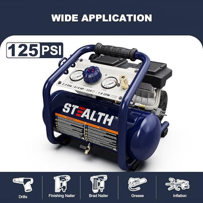 Stealth Air Compressor 2 Gallon, 3/4 HP Oil-Free Compressor, Less than 60dB Ultra Quiet Electric Air Compressor,Max 125 PSI Pressure for Tire Inflation,Nailing,Home DIY Project(SAQ-1234) - style: SAQ-1234
