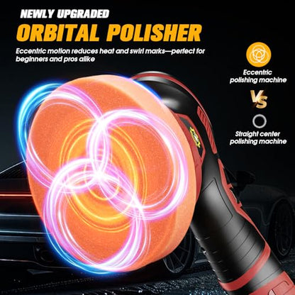 Cordless Car Buffer Polisher kit, DA Polisher with 2*21V Batteries - color: Red