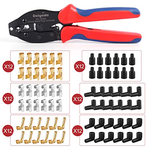 Delgada 36Pcs Spark Plug Wire Crimping Tool Spark Plug Wire Crimper Kit with 36PCS Boot Terminals Crimp and Stripping Tool Set for 180° 90° Straight Ignition Wire Coil Terminals