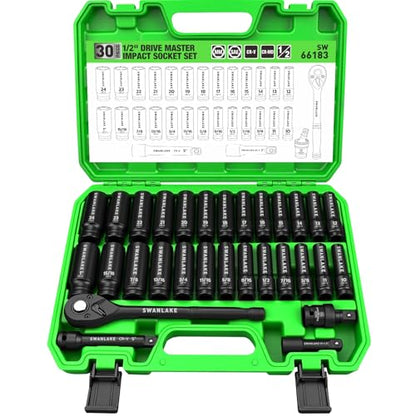 30-Piece 1/2" Drive Impact Socket Set, Standard SAE (3/8-1 inch) and Metric (10-24mm) 6 Point CR-V Steel Deep Socket, Ratchet Handle, 3" & 5" Extension Bar, CR-MO Impact Universal Joint - style: 1/2'' 30PCS