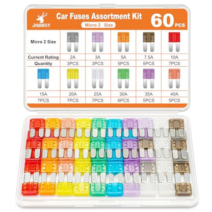 JOREST 60Pcs Micro Assorement Fuses Kit -Micro2 Fuse kit, Micro 2 Automotive Replacement Fuses for Car RV Truck Motorcycle(2Amp 3A 5A 7.5A 10A 15A 20A 25A 30A 35A 40A) - style: 60 Micro2