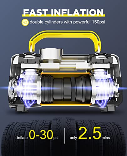 UUP Portable 12V Air Compressor, 150 PSI Tire Inflator with Dual Cylinders - color: Yellow