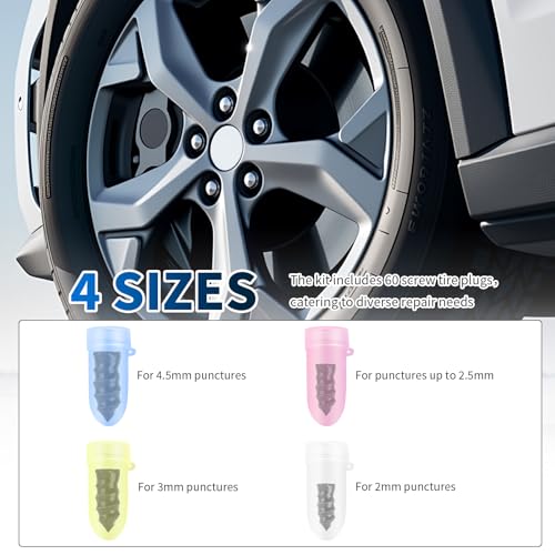 60PCS 4-Size Tire Plug Kit with Screwdriver for Quick Fix Screw-in - color: 4 Size/60pcs
