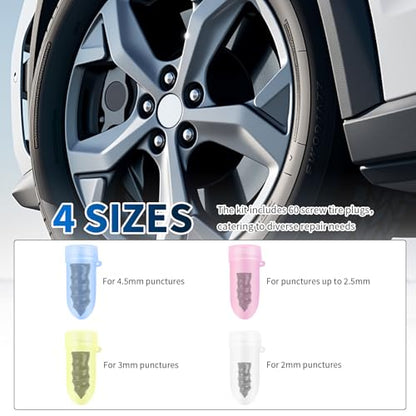60PCS 4-Size Tire Plug Kit with Screwdriver for Quick Fix Screw-in - color: 4 Size/60pcs