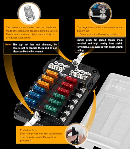 12 Way Fuse Block, Fuse Blocks 12 Volt Automotive with LED Indicator Water Resistant Marine Fuse Panel, Fuse Box 12V with 36 Blade Fuses for 12V/24V Auto Boat RV Golf Cart Truck Car Marine - color: 12 Way Fuse Block