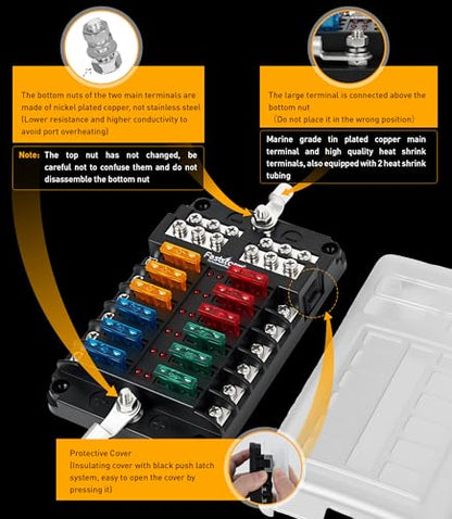 12 Way Fuse Block, Fuse Blocks 12 Volt Automotive with LED Indicator Water Resistant Marine Fuse Panel, Fuse Box 12V with 36 Blade Fuses for 12V/24V Auto Boat RV Golf Cart Truck Car Marine - color: 12 Way Fuse Block