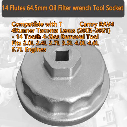 64.5mm Oil Filter Wrench Tool Socket for Camry RAV4 4Runner Tacoma Lexus (2005-2021) - 14 Tooth 4-Slot Removal Tool Fits 2.0L 2.4L 2.7L 3.5L 4.0L 4.6L 5.7L Engines - size: 64.5mm 4-Slot 14 Flutes