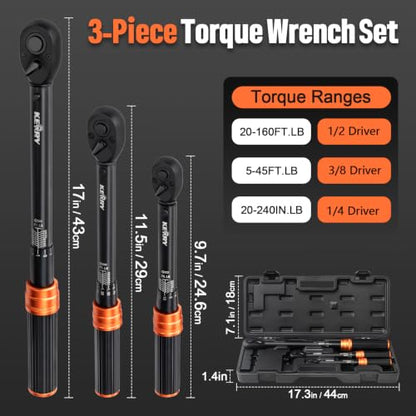 Kerry Click Torque Wrench Set, 1/4", 3/8" and 1/2" Drive, 3-Piece - size: 3pcs 1.67-20 FT.LB, 5-45 FT.LB, 20-160 FT.LB, style: 3pack