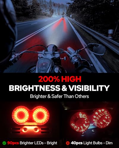 Benlari Upgraded Motorcycle Tail Light, 90LEDs Brake Lights, IP67 Waterproof Turn Signals Running with License Plate Bracket Fit for Street Bike Cruiser Chopper Bobber (Red) - color: Red