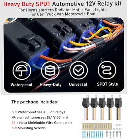 5 Pack 40/30 AMP 5-PIN 12V DC Waterproof Relay Kit with Heavy-Duty Pigtail 12&16 AWG Tinned Copper Wires, 5 PIN SPDT Automotive Relay - color: 5 Pack 5-PIN Relays