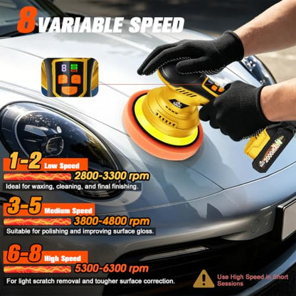 Cordless Dual Action Car Buffer Polisher, 8-Speed, 2*21V Batteries - color: Yellow