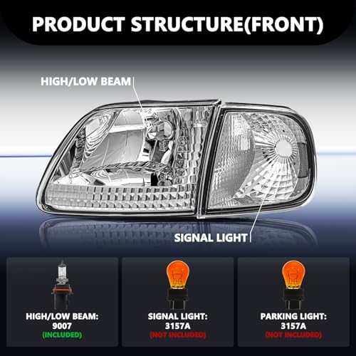 Aosky Halogen Headlights Assembly for 1997-03 Ford F150 Expedition - color: Chrome / Clear, style: w/ Bulbs