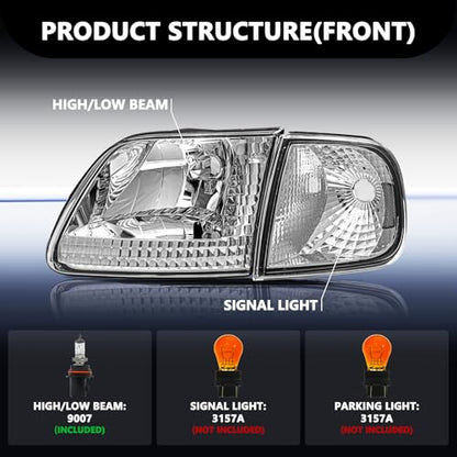 Aosky Halogen Headlights Assembly for 1997-03 Ford F150 Expedition - color: Chrome / Clear, style: w/ Bulbs