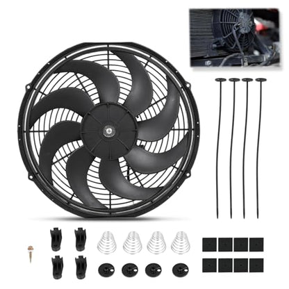 Universal 16 Inch Black Slim Radiator Cooling Fan 12V 100W Push Pull with Mount Kit – Fits Radiators for Vehicles, Cars, Trucks - size: 16 inch