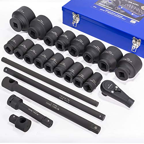 Stark USA 21-Piece Jumbo Metric Impact Socket Set, 1-Inch Drive Deep Impact Sockets 27mm-80mm with 1" Drive Extension Bar, Heavy-Duty CR-MO Steel Socket Set, Storage Carrying Case