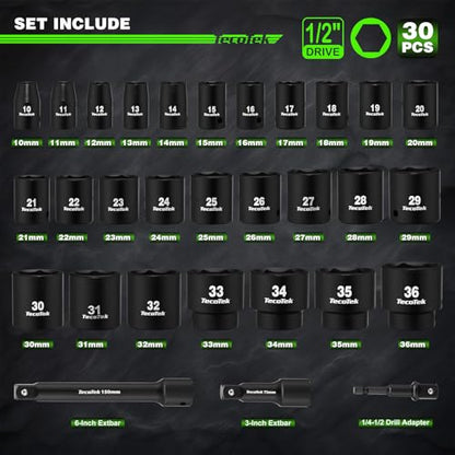 TecoTek 30 Pieces 1/2-Inch Drive Shallow Metric Impact Socket Set, Cr-Mo, 10mm to 36mm, No Skipped Sizes, 6 Point, Includes Extension Bars, Drill Socket Adapter 1/2" - style: 1/2" Dr. 30pcs Shallow Impact Socket