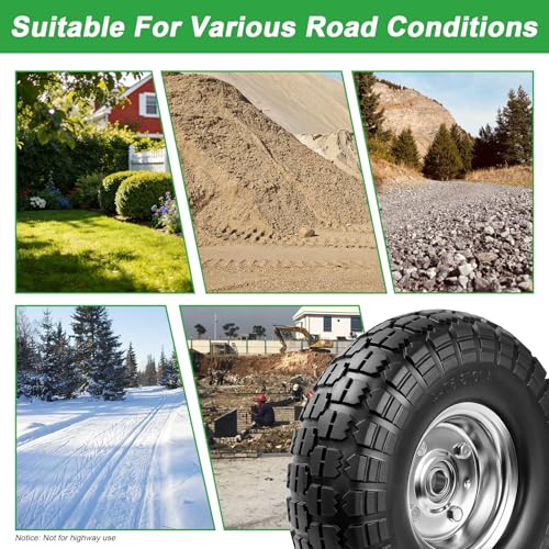 4.10/3.50-4 Tire Wheels Flat Free 10" Heavy Duty Solid Flat-Free Replacement Tire with 5/8 Axle Compatible with Gorilla Carts, Wheelbarrow, Dolly, Hand Truck (2-Pack)