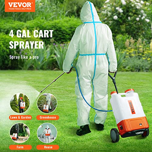 VEVOR 4 Gallon Battery Powered Backpack Sprayer with Wheeled Cart, Adjustable 0-94 PSI, 13FT Hose, 6 Nozzles, 2 Wands Included, Wide Mouth Lid for Weeding, Cleaning, Long Spray Time Without Fatigue - size: 4 Gal with Cart
