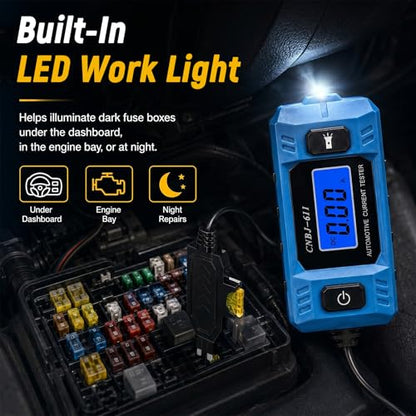 Automotive Circuit Fault Probe Tester, 20A 48V Parasitic Battery Drain Tester for Car Fuse Circuits, Inline Current Monitor with Digital Display, LED Work Light, Mini & Standard Blade Fuse Compatible