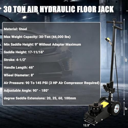 GarveeTech 30 Ton Air Hydraulic Floor Jack for Heavy Duty Trucks & Tractors – Low Profile (9"-17.7"), 4 Adapters, 46" Adjustable Handle – 66,000 Lbs Capacity - color: 30 Black