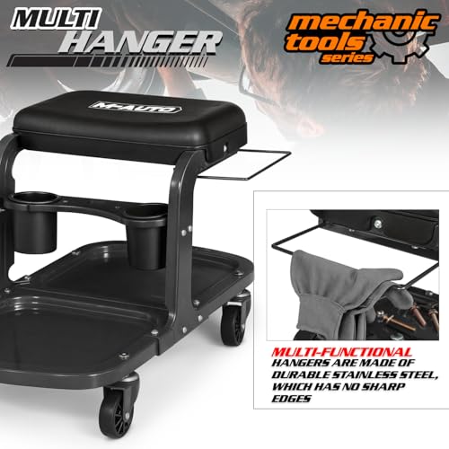 M-AUTO Garage Roller Seat Heavy Duty Rolling Shop Mechanic Creeper/Shop Stool with Tool Tray and Equipment Rack, 300LBS Capacity Creeper Seat with 5 Rollers for Detailing Car, Red
