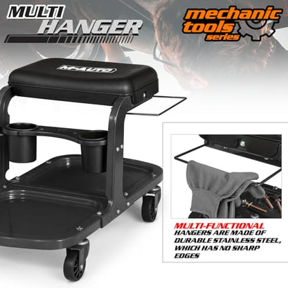 M-AUTO Garage Roller Seat Heavy Duty Rolling Shop Mechanic Creeper/Shop Stool with Tool Tray and Equipment Rack, 300LBS Capacity Creeper Seat with 5 Rollers for Detailing Car, Red