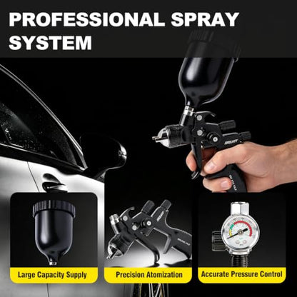 819CT HVLP Air Spray Gun Kits with 1.3/1.7/2.0 mm Nozzles Spray Paint Gun Automotive with Air Regulator Separator for Car Paints, Primer, Clear/Top Coat & Touch-Up, DIY Painting Spray