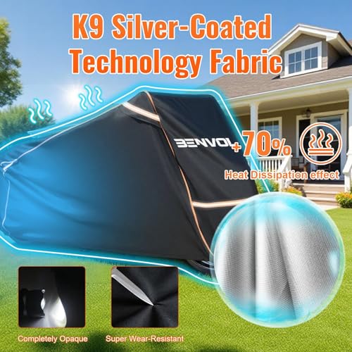 BENVOL 420D Heavy Duty Motorcycle Cover Waterproof Outdoor, 5000mm Rainproof Material Motorbike Cover with 2 Windproof Buckles, Lock Holes & Wide Reflective Strips, Anti-UV Sun Dust Protection - color: Black-XXL(96.5*41*51)