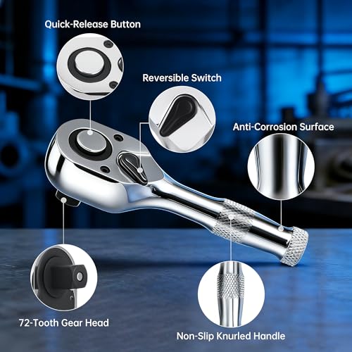 3-Piece Stubby Ratchet Set, 1/4", 3/8", 1/2", 72-Tooth