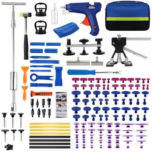 Paintless Dent Repair Kit, 154PCS Dent Puller kit,Dent Removal Tools with Metal Dent Lifter, Bridge Puller, T-Slide Hammer PDR Kit for Car Dent Repair, dings, creases and Hail Damag